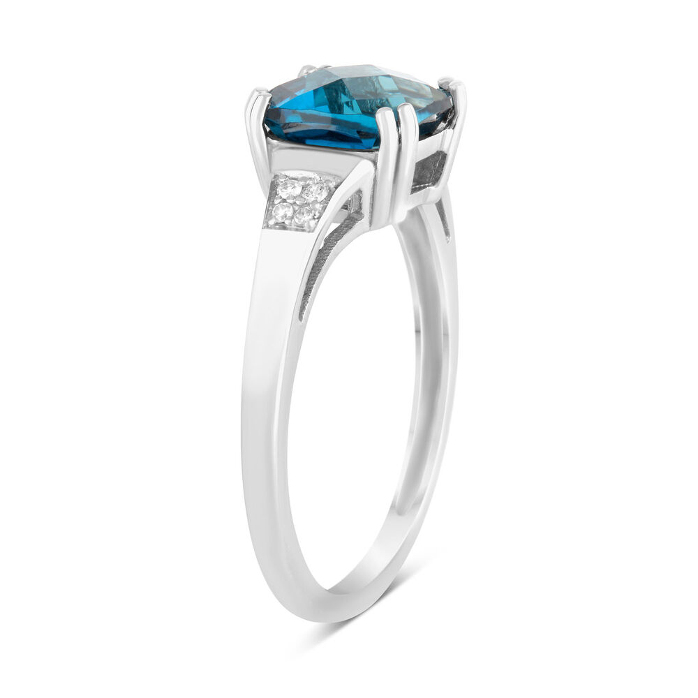 9ct White Gold 0.02ct Diamond Sides Cushion Blue Topaz Ring image number 3