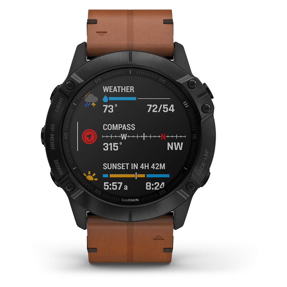 Garmin Fenix 6X Sapphire Black DLC Chestnut Leather Band Smartwatch image number 2