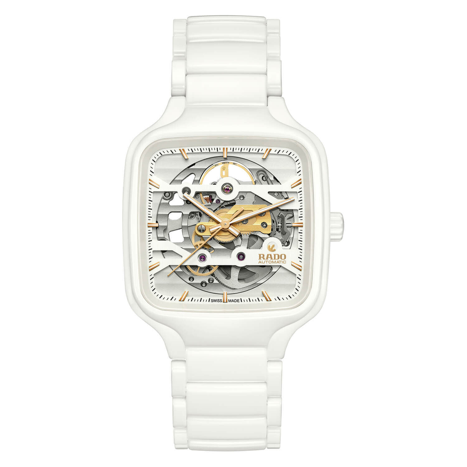 Rado True Square 38mm White Skeleton Dial White Ceramic Case Watch