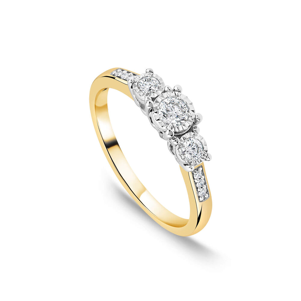 9ct Yellow Gold 0.33ct Illusion Three Stones & Diamond Shoulders Ring image number 0