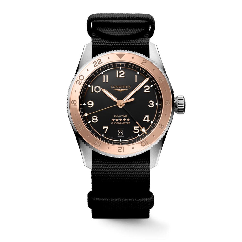 Longines Spirit Zulu Time 1925 39mm Black Dial 18kt Rose Gold Bezel Steel Bracelet Watch