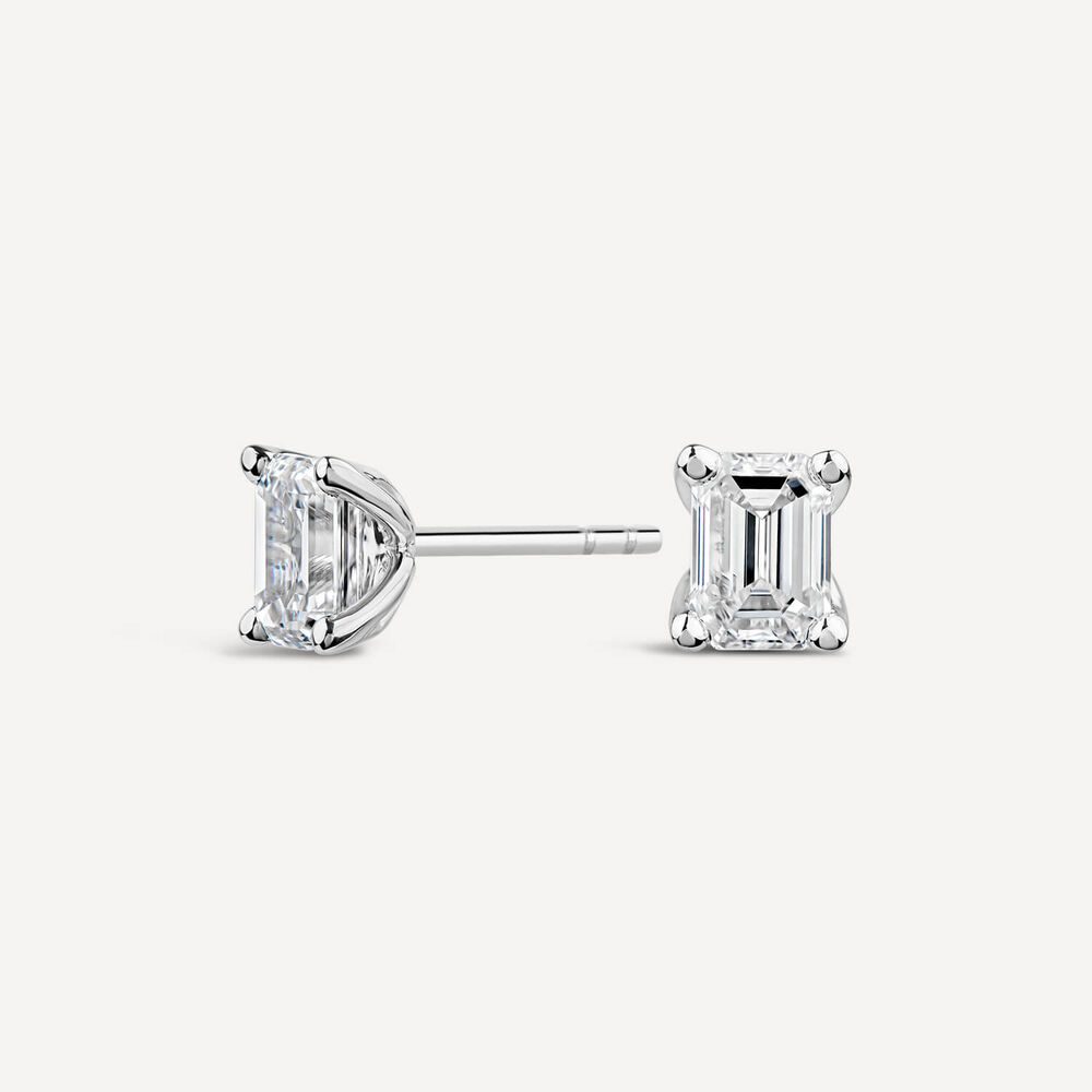 Born 18ct White Gold Lab Grown 1.40ct Diamond Emerald Cut Stud Earrings image number 1