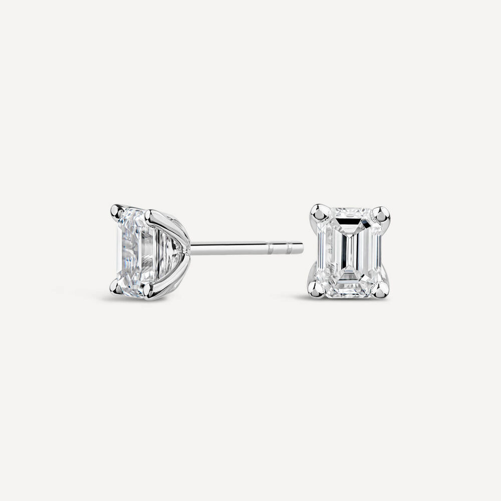 Born 18ct White Gold Lab Grown 1.40ct Diamond Emerald Cut Stud Earrings image number 1