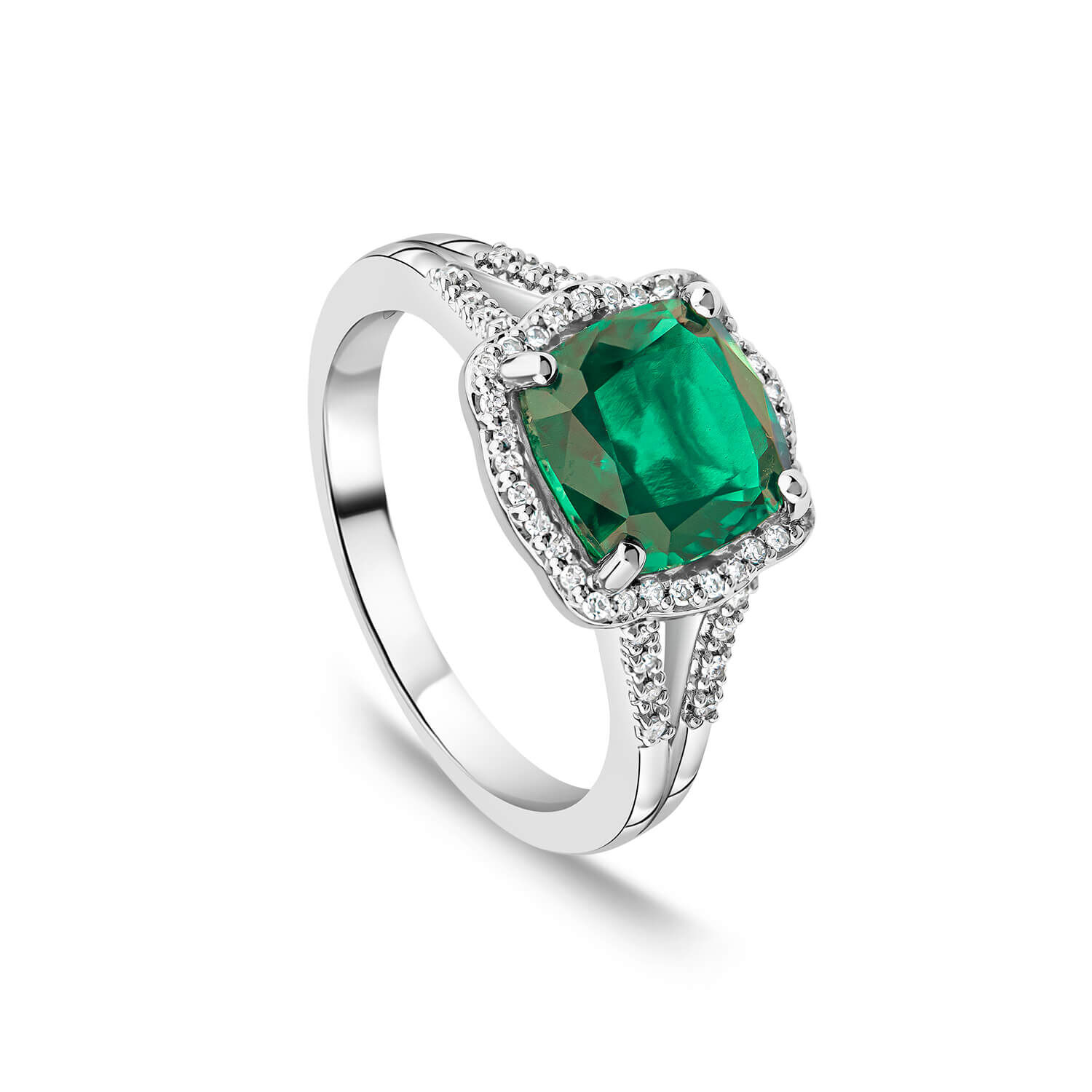 9ct White Gold 0.15ct Diamond and Created Emerald Cushion Halo Ring