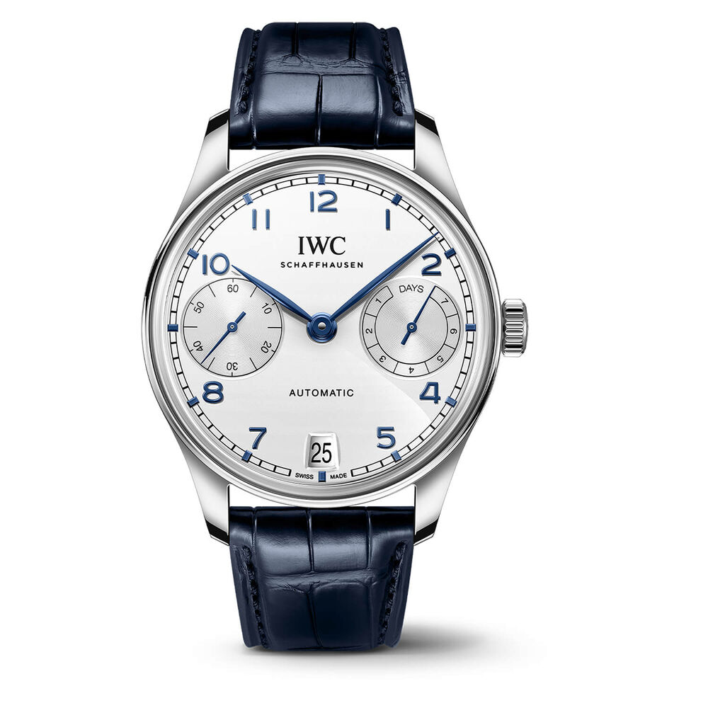 IWC Schaffhausen Portugieser Automatic 42 Silver Moon Dial Blue Alligator Leather Strap Watch