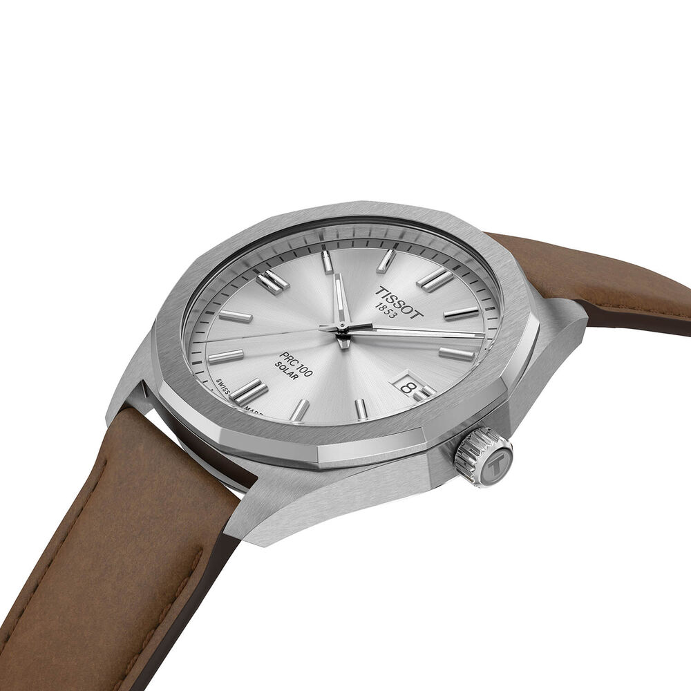 Tissot PRC 100 Solar 39mm Silver Dial Brown Leather Strap Watch