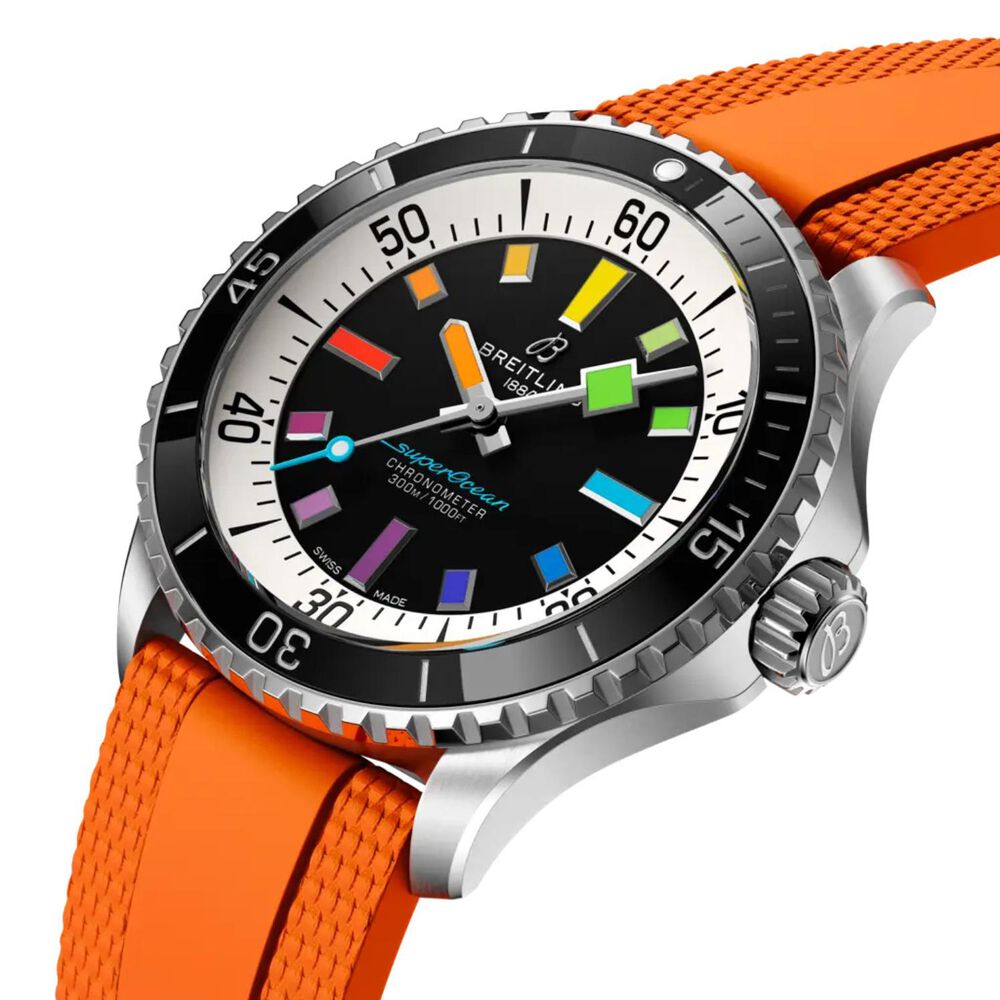 Breitling Superocean 42mm Black Dial Rainbow Indexes Orange Rubber Strap Watch image number 1