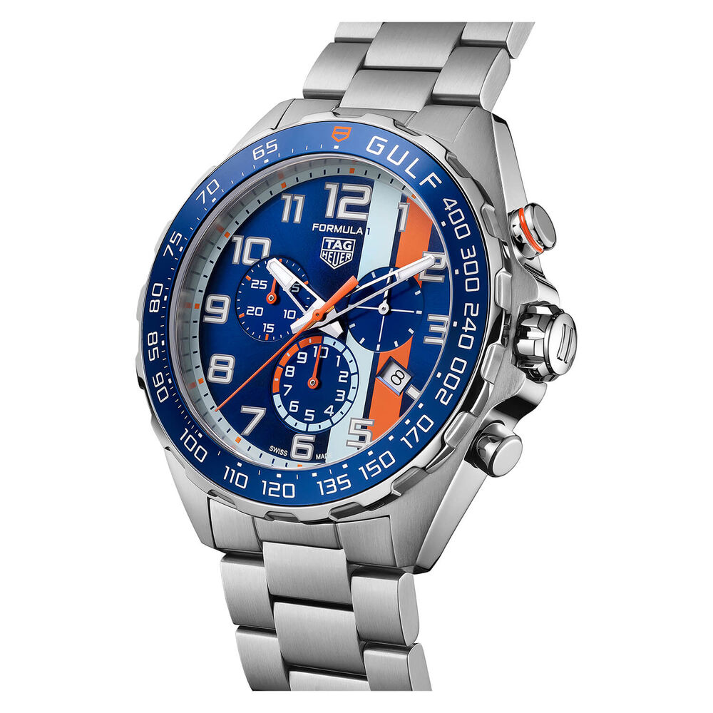 TAG Heuer Formula 1 Chronograph x Gulf 43mm Blue & Orange Dial Stainless Steel Bracelet Watch image number 3