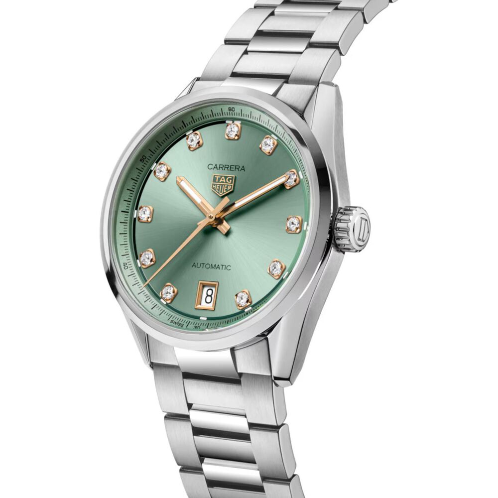 TAG Heuer Carrera Date 36mm Green Dial Diamond Dots Steel Bracelet Watch image number 1