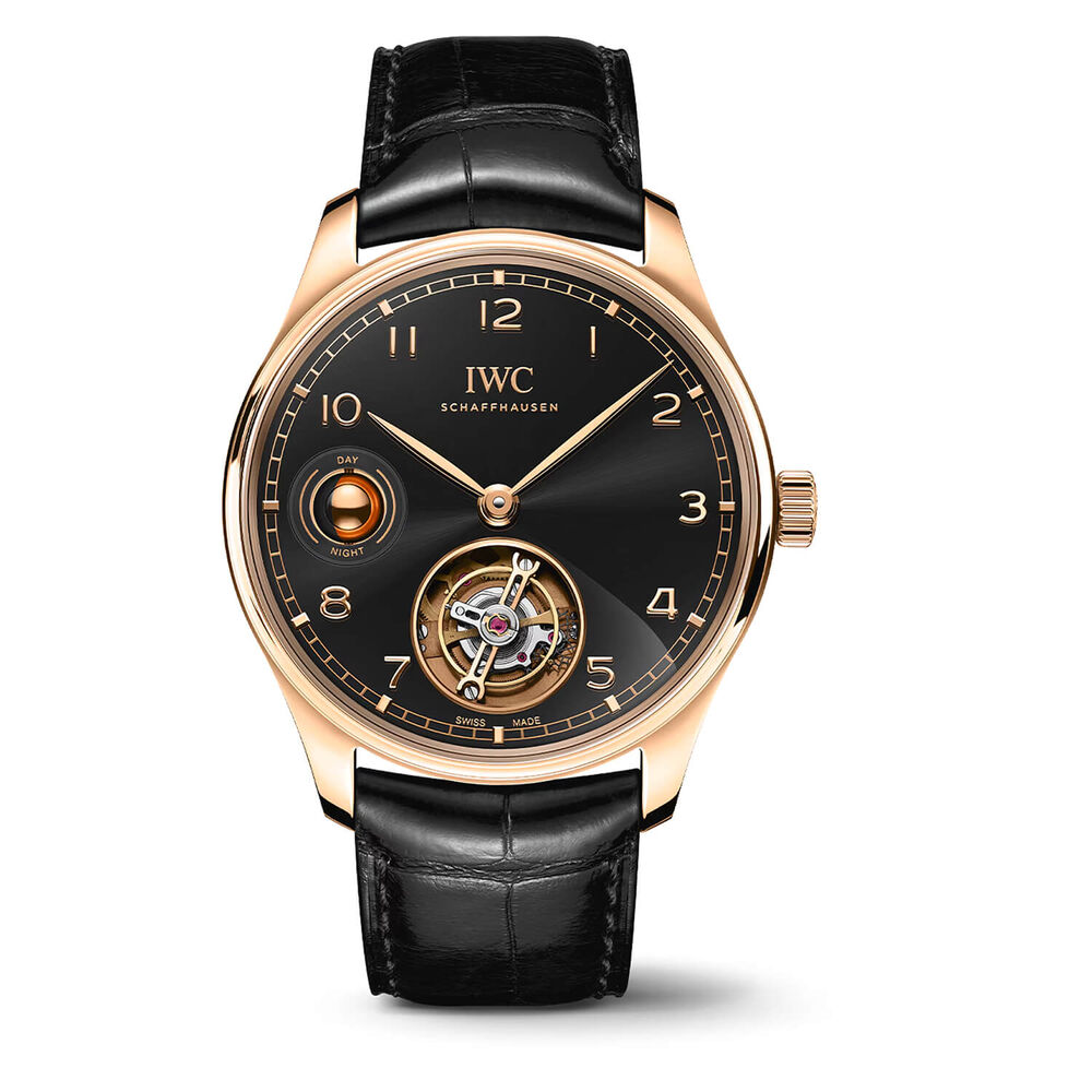 IWC Schaffhausen Portugieser Hand Wound Tourbillon Day & Night 42mm Obsidian Dial Leather Watch image number 0