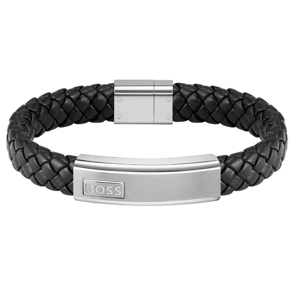 BOSS Gents Lander Black Leather Bracelet image number 0