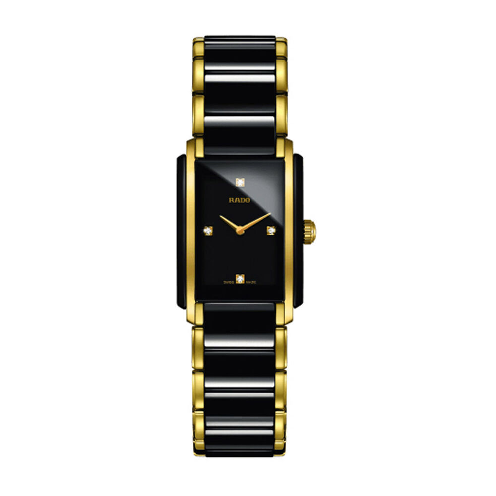 Rado Integral Rectangle Diamond Dot Black & Yellow Gold Bracelet Watch