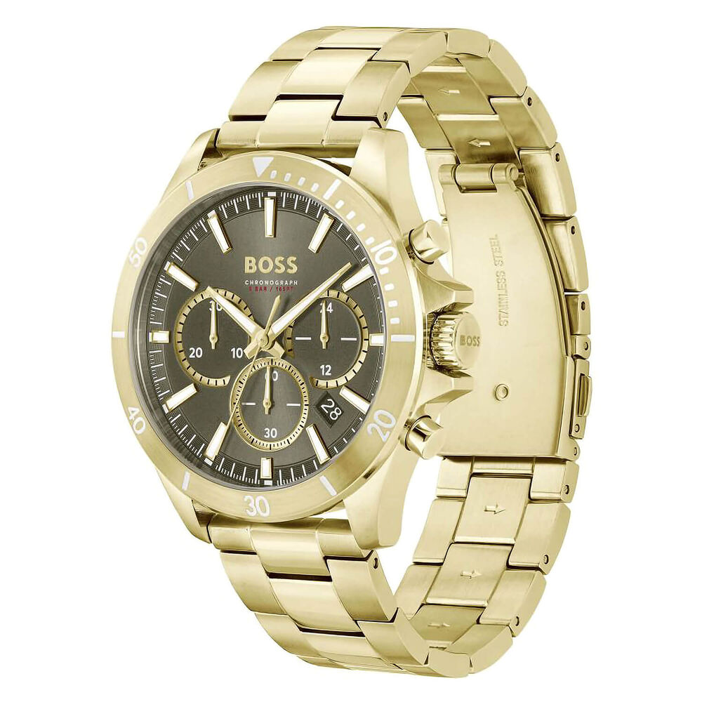BOSS Troper 44mm Green Chronograph Dial Yellow Gold IP Bracelet Watch image number 2