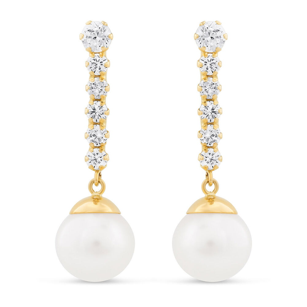 9ct Yellow Gold Cubic Zirconia Row Pearl Drop Earrings