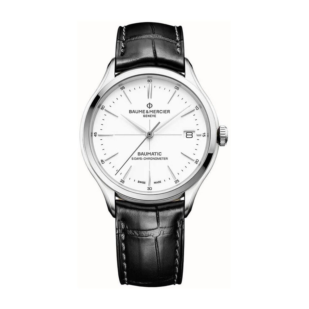 Baume & Mercier Baumatic Clifton White Dial & Black Leather Strap Watch