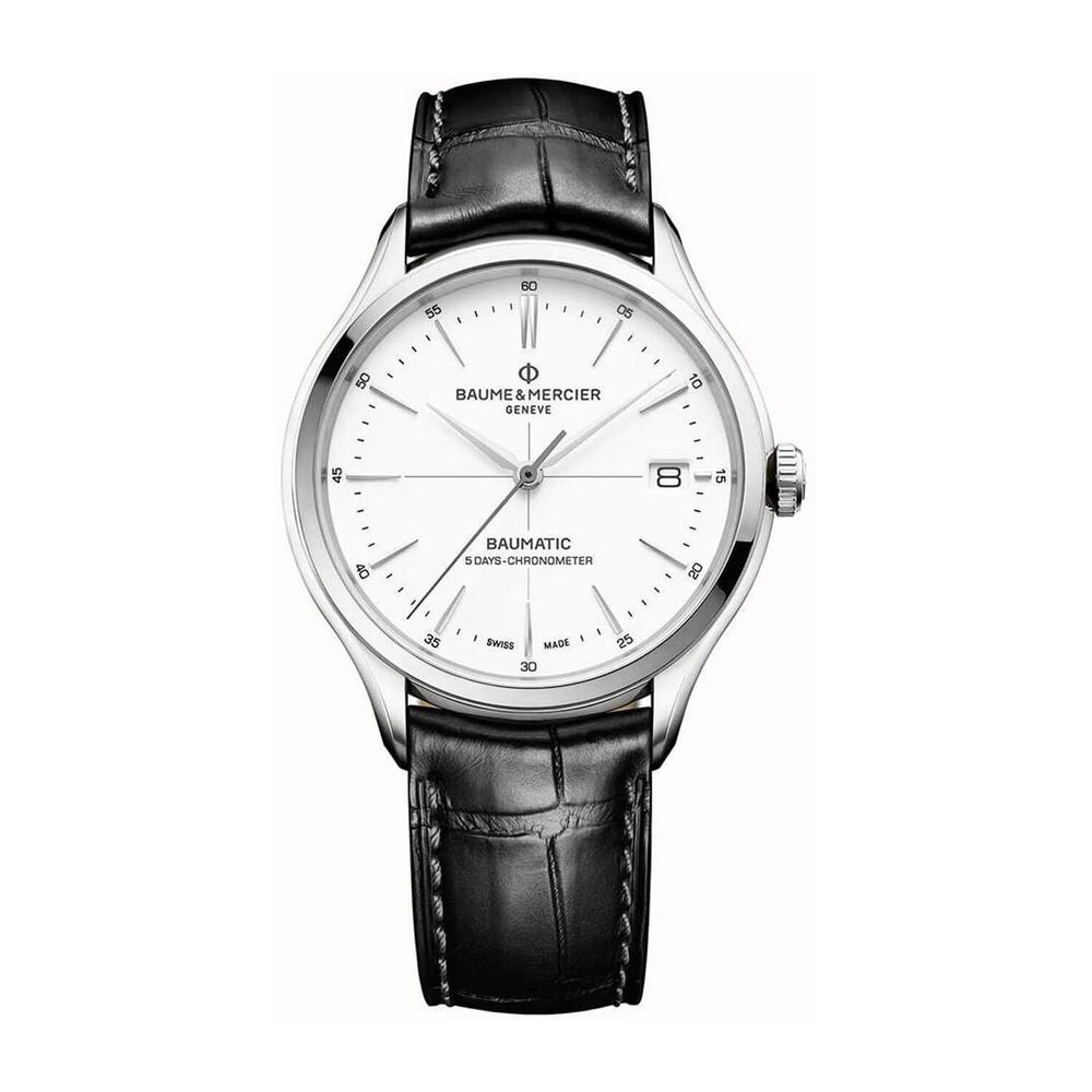 Baume & Mercier Baumatic Clifton White Dial & Black Leather Strap Watch image number 0