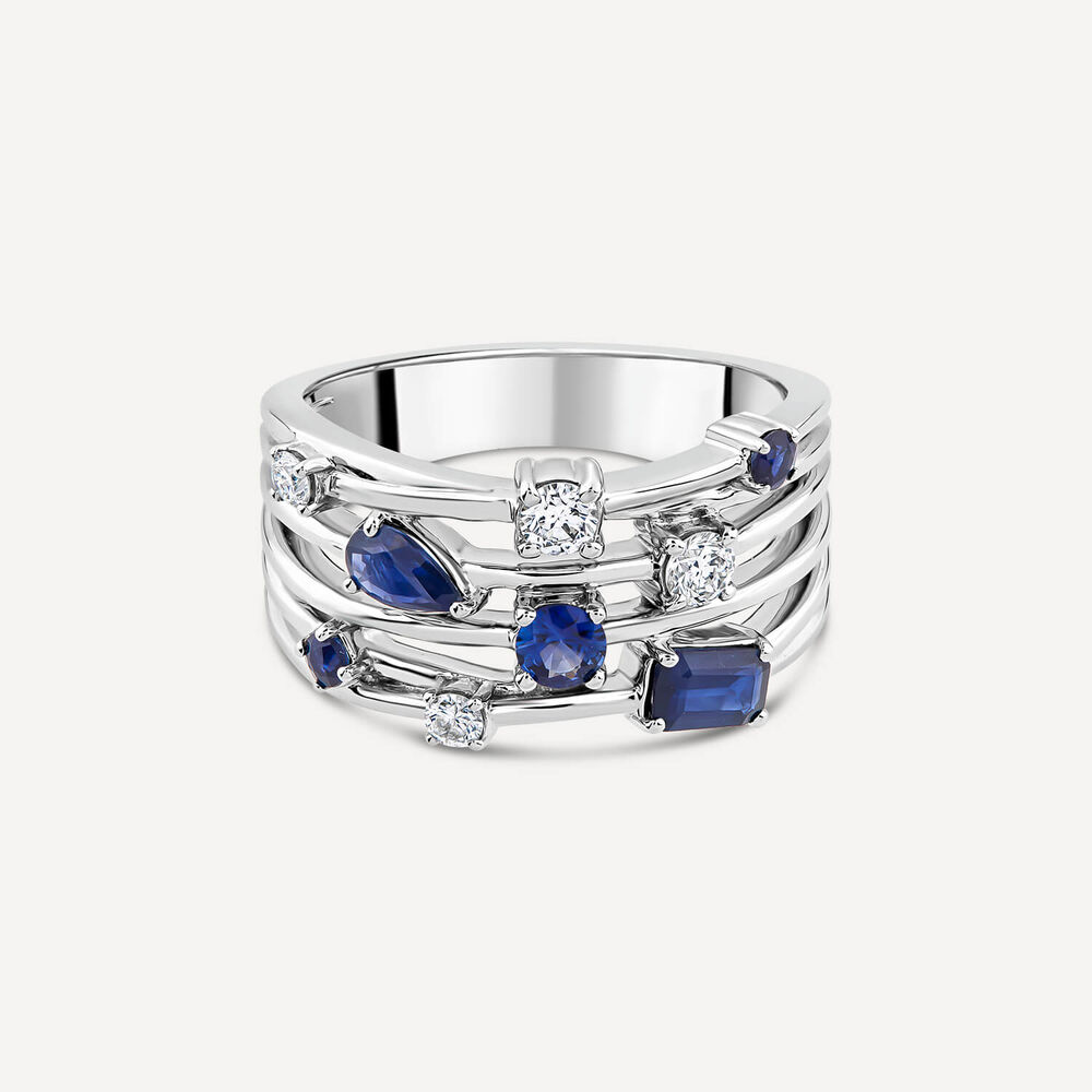9ct White Gold Mixed Cuts Sapphire & 0.25ct Diamond Four Strands Ring image number 2