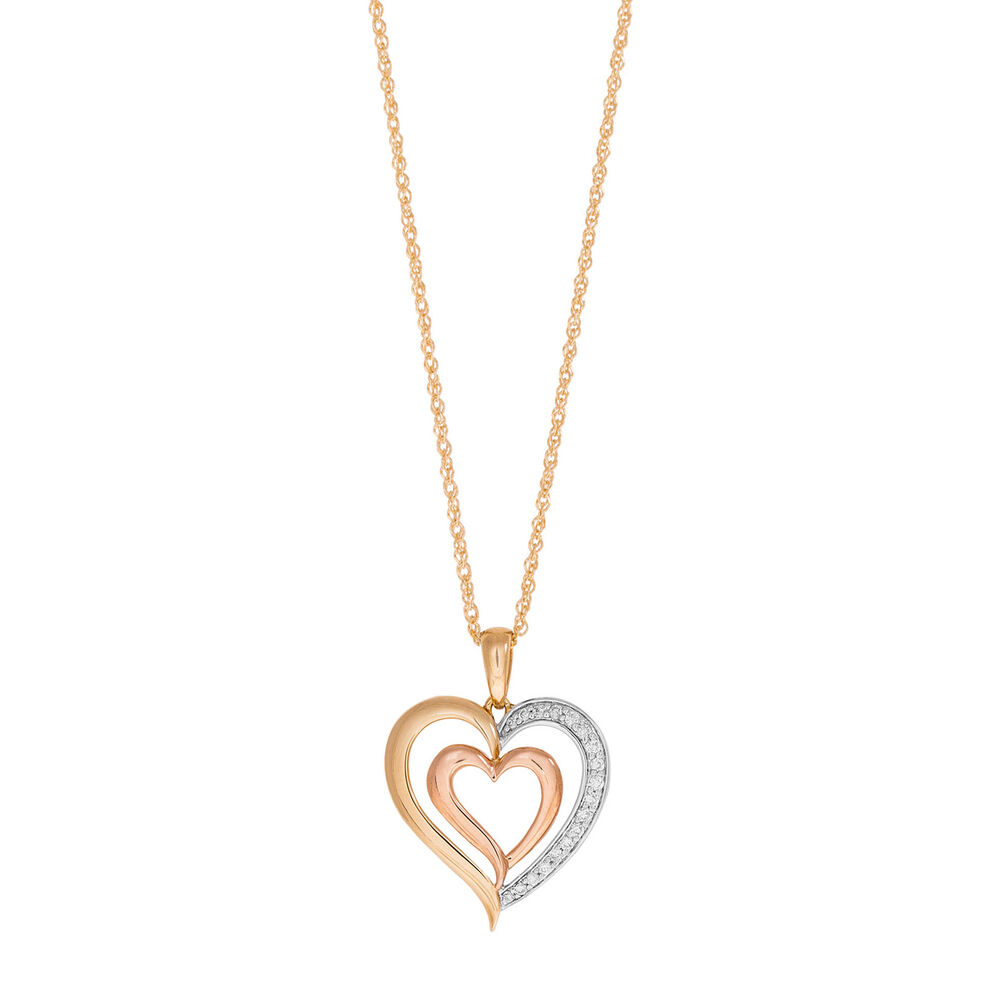 9ct three colour gold 0.13 carat diamond double heart pendant image number 0
