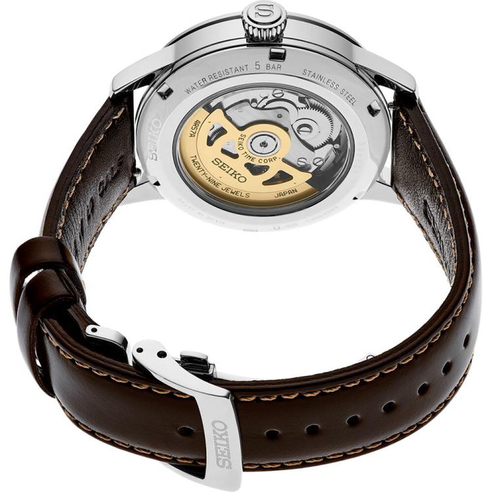 Seiko Presage 40.5mm Green Dial Steel Case Brown Strap Watch image number 5