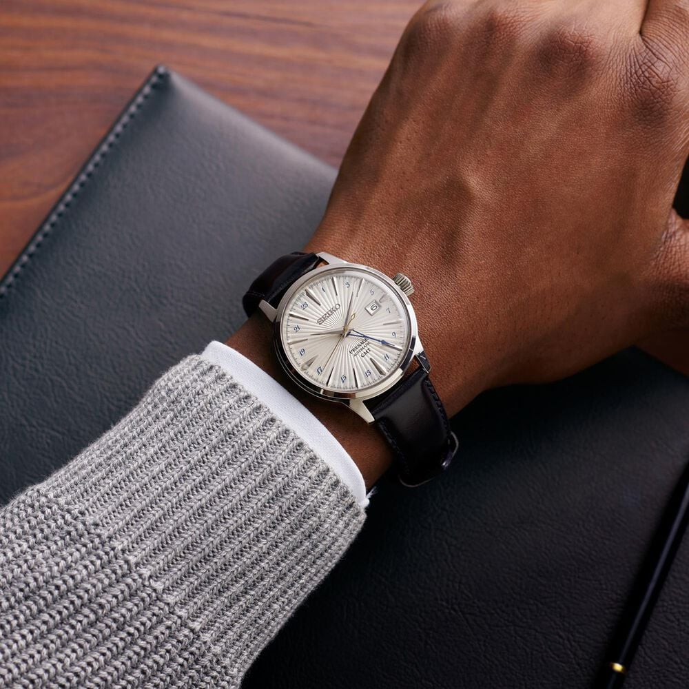 Seiko Presage &lsquo;Silver Bullet&rsquo; Cocktail Time GMT 40.5mm Dial Black Leather Strap Watch