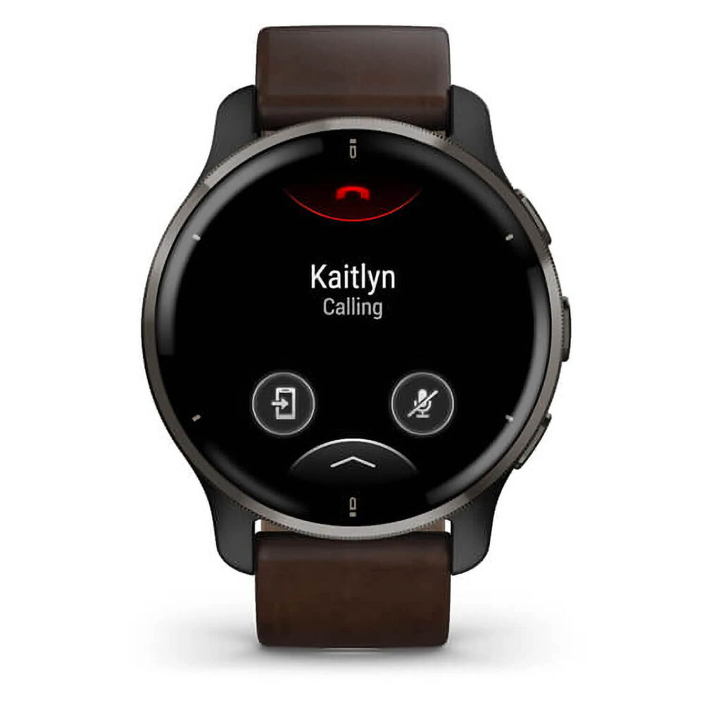Garmin Venu® 2 Plus Slate Stainless Steel Bezel Slate Case Brown Leather Strap Watch
