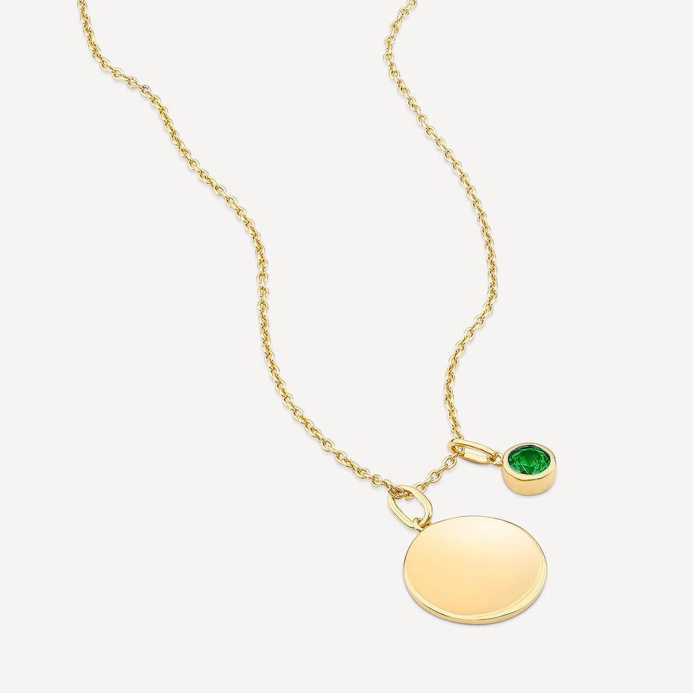 Yellow Gold Plated Sterling Silver May Birthstone Emerald Disc Pendant