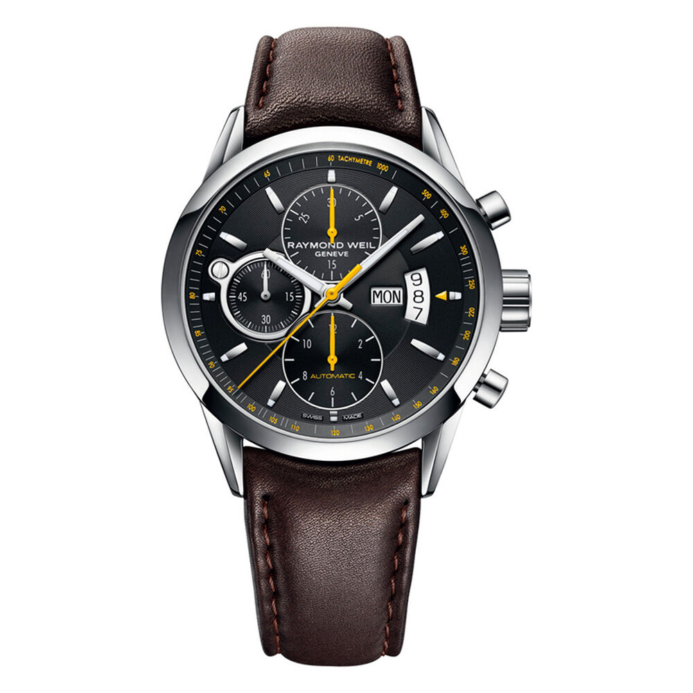Pre-Owned Raymond Weil Freelancer 42mm Black Dial Brown Leather Strap Watch