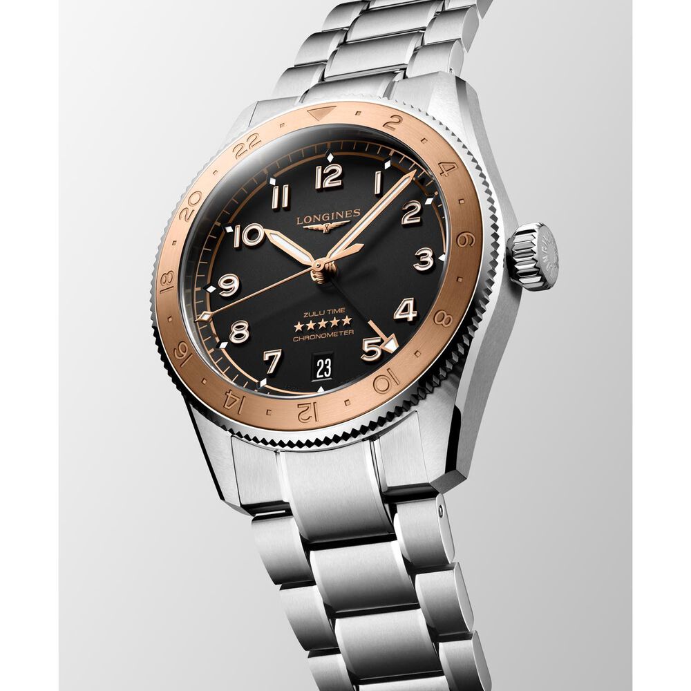 Longines Spirit Zulu Time 1925 39mm Black Dial 18kt Rose Gold Bezel Steel Bracelet Watch image number 4