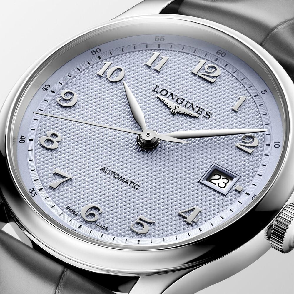 Longines Master Collection 39mm Light Blue Barleycorn Dial Anthracite Leather Strap Watch