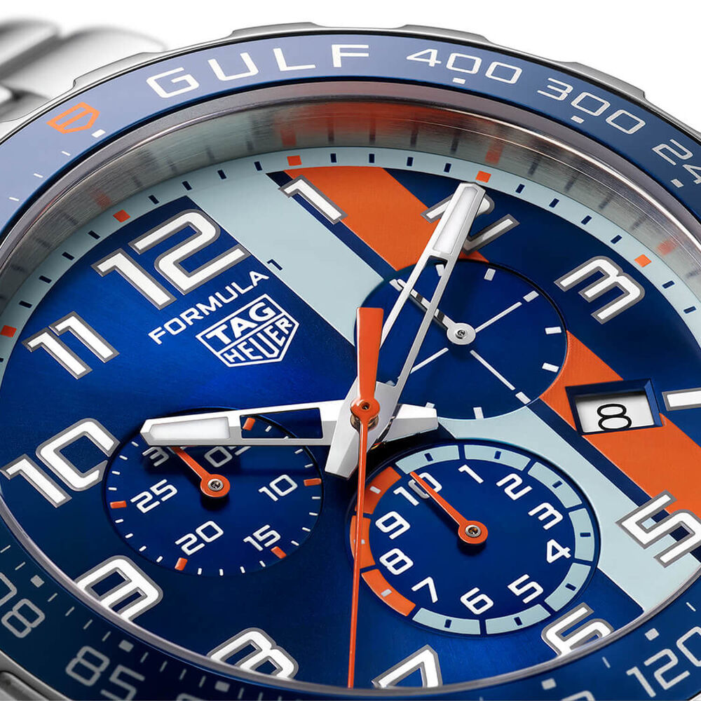 TAG Heuer Formula 1 Chronograph x Gulf 43mm Blue & Orange Dial Stainless Steel Bracelet Watch image number 4
