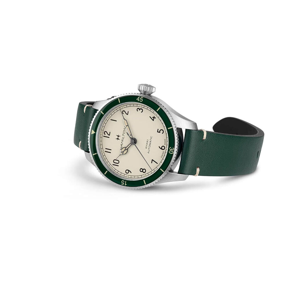 Khaki Aviation Pilot Pioneer 38mm White Dial Green Leather Strap Watch image number 4
