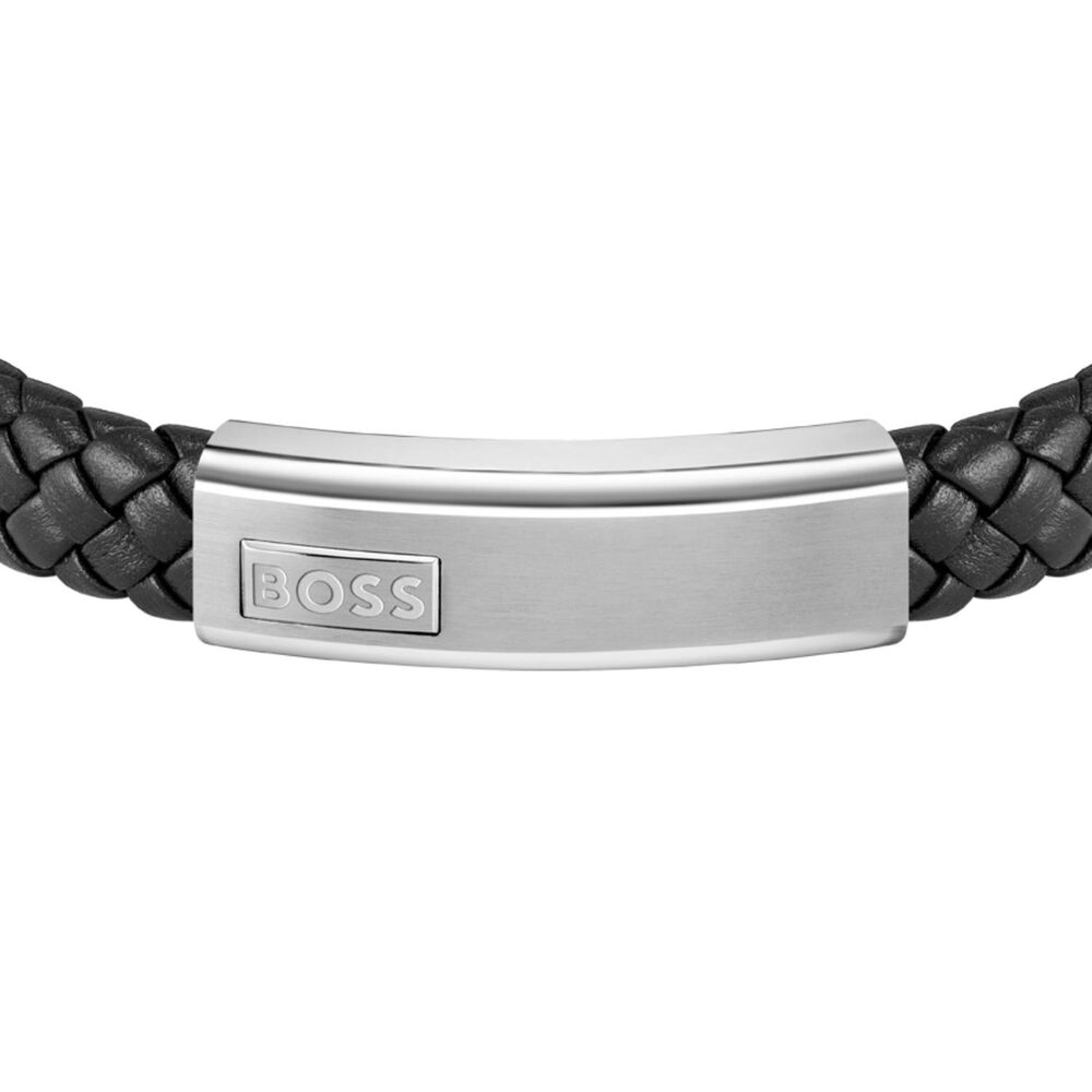 BOSS Gents Lander Black Leather Bracelet image number 1
