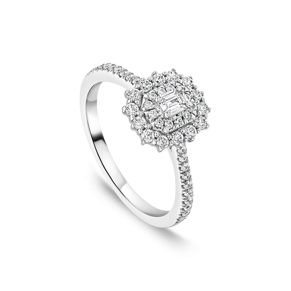 Platinum 0.50ct Double Cluster & Emerald Cut Centre Diamond Shoulders Ring image number 0