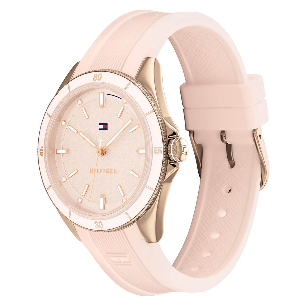 Tommy Hilfiger 38mm Quartz Pink Dial Rose Gold IP Case Pink Rubber Strap Watch