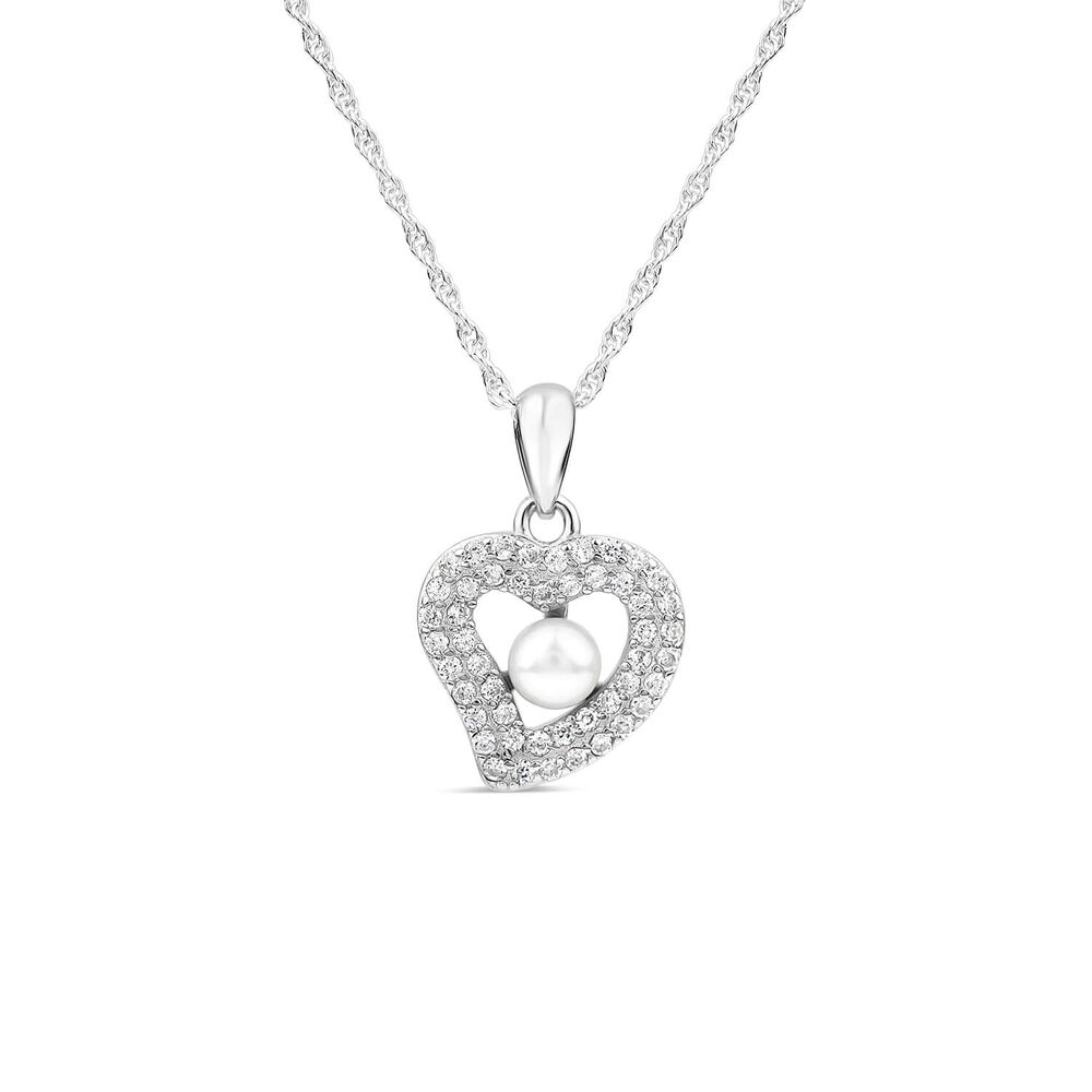 Sterling Silver Freshwater Pearl & Cubic Zirconia Heart Pendant