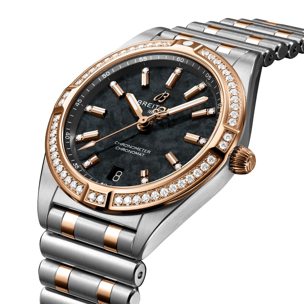Breitling Chronomat UK Edition 32mm Black MOP Dial Diamond Set Bezel Steel Bracelet Watch