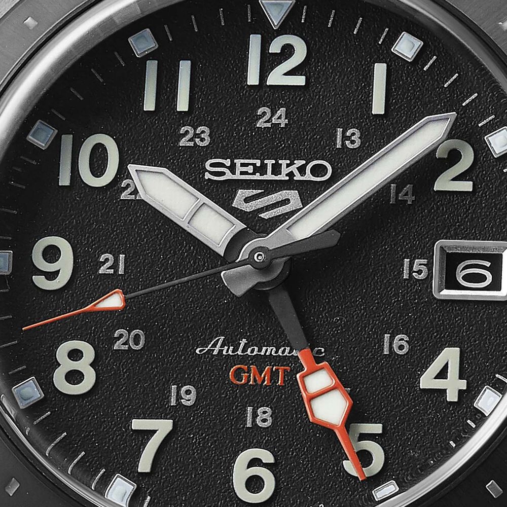 Seiko 5 Sports Fields 'Deception' Mechanical GMT 39.4mm Black Dial Leather Strap Watch image number 1