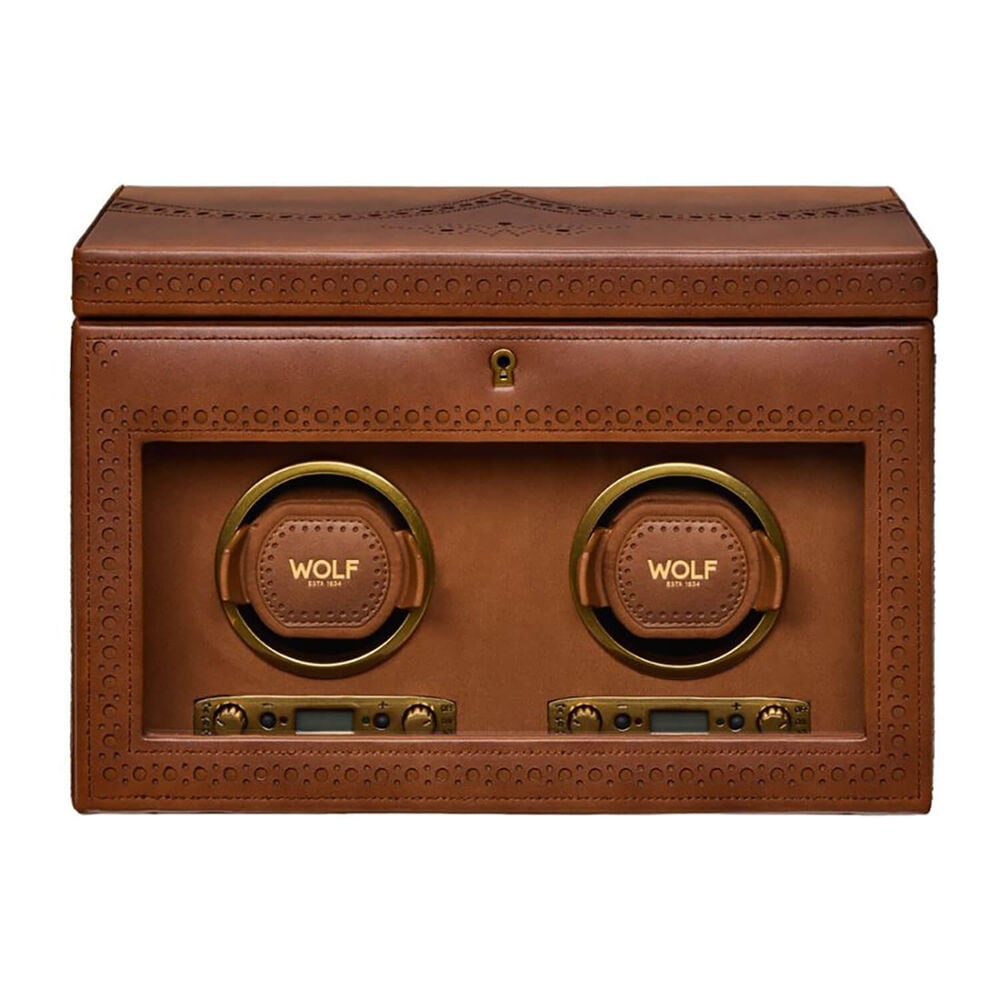 WOLF Brogue Burnished Brown Double Watch Winder With Storage
