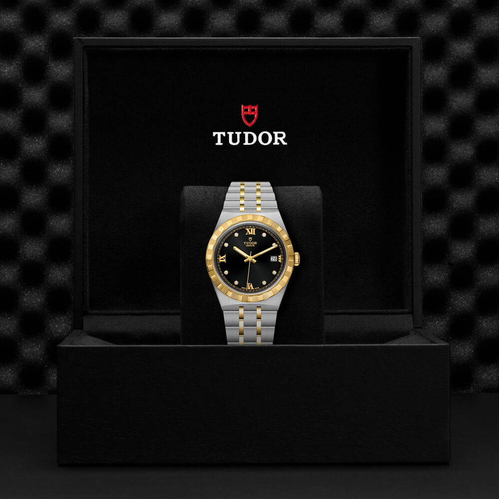 TUDOR Royal 38mm Black Dial Diamond Dots Gold Bezel Two-Tone Steel Bracelet Watch image number 4