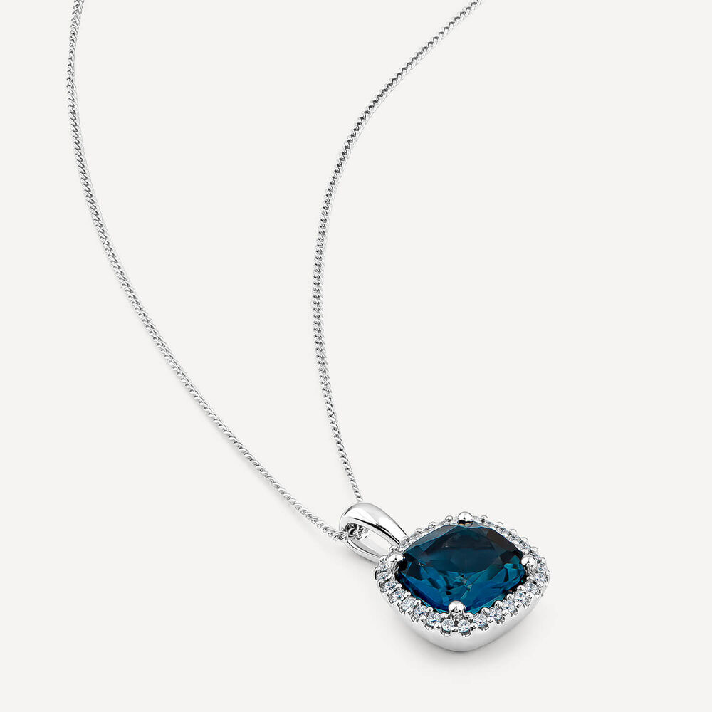 9ct White Gold Cushion London Blue Topaz & 0.10ct Diamond Pendant image number 3