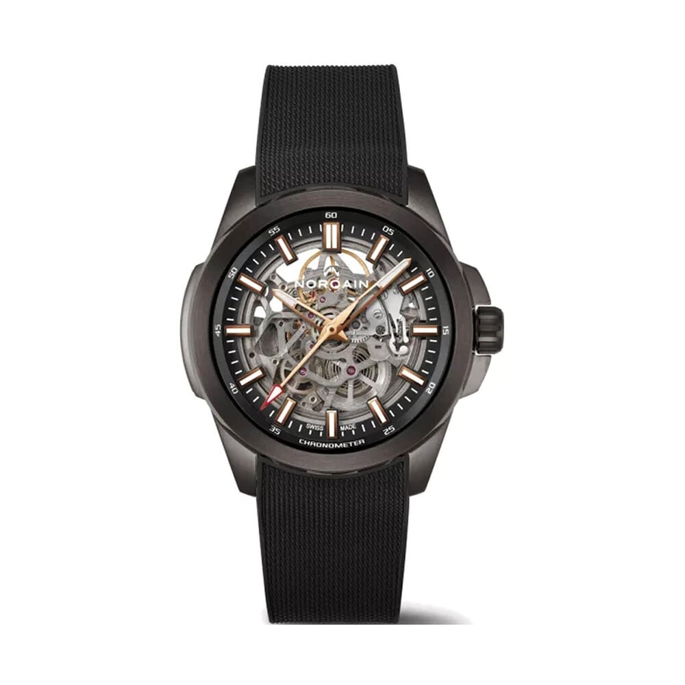 NORQAIN Independence Skeleton DLC 42mm Dial Black Rubber Strap Watch