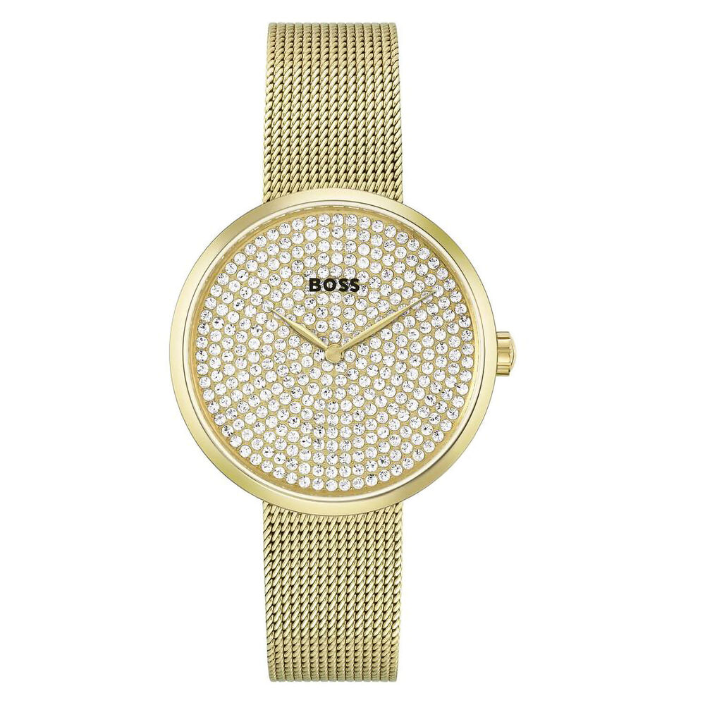 BOSS Praise 36mm Cubic Zirconia Dial Yellow Gold PVD Mesh Bracelet Watch