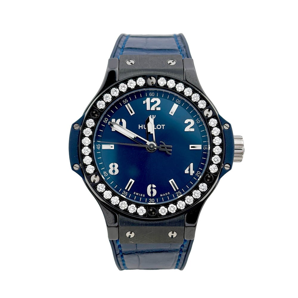 Pre-Owned Hublot Big Bang 38mm Blue Dial Diamonds Bezel Leather Strap Watch
