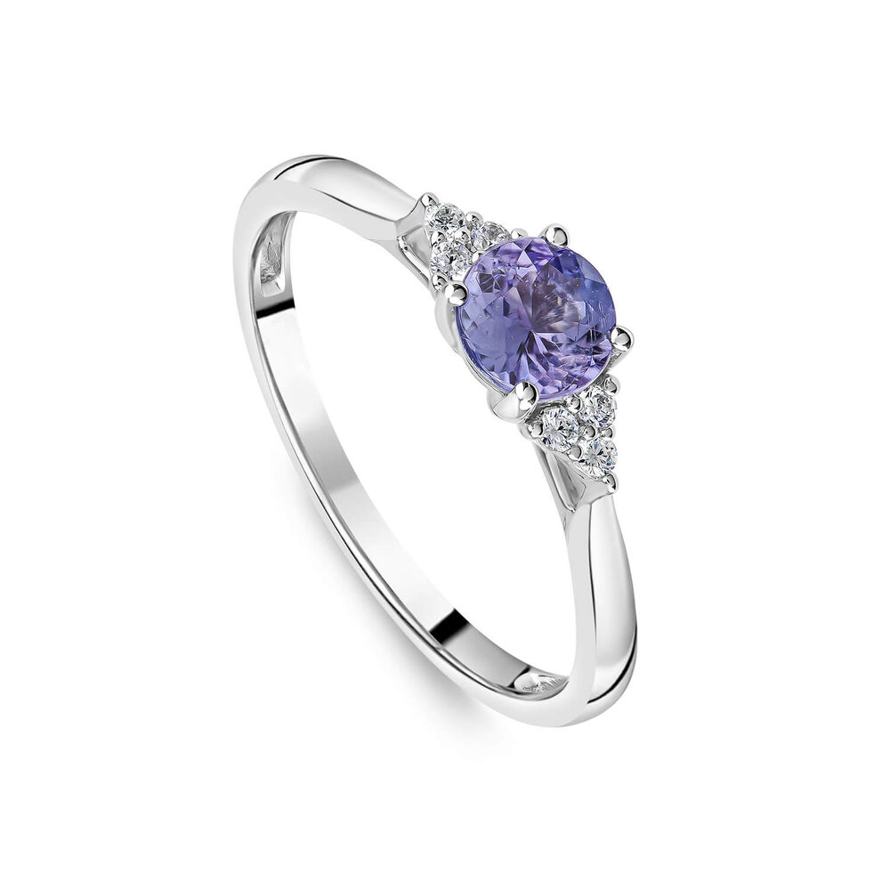 9ct White Gold Round Tanzanite & 0.05ct Trefoil Diamond Sides Ring