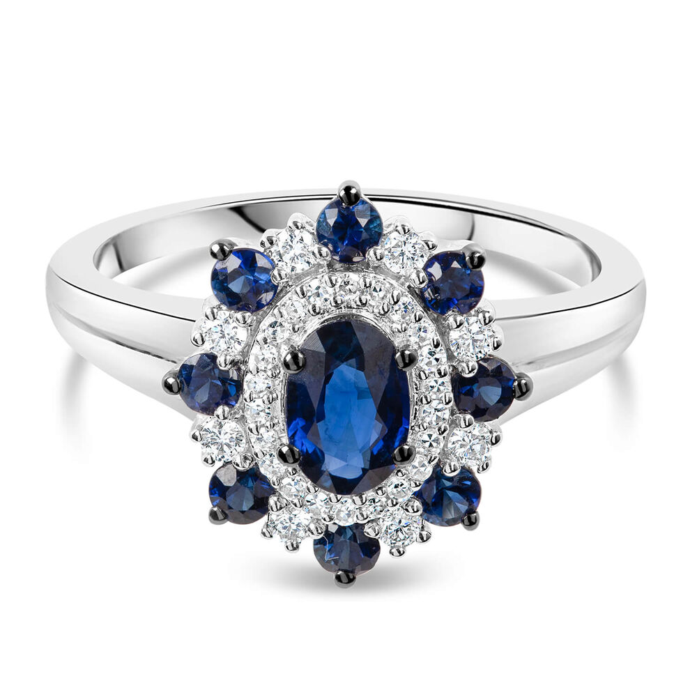 9ct White Gold Diamond and Sapphire Floral Cluster Ring image number 4