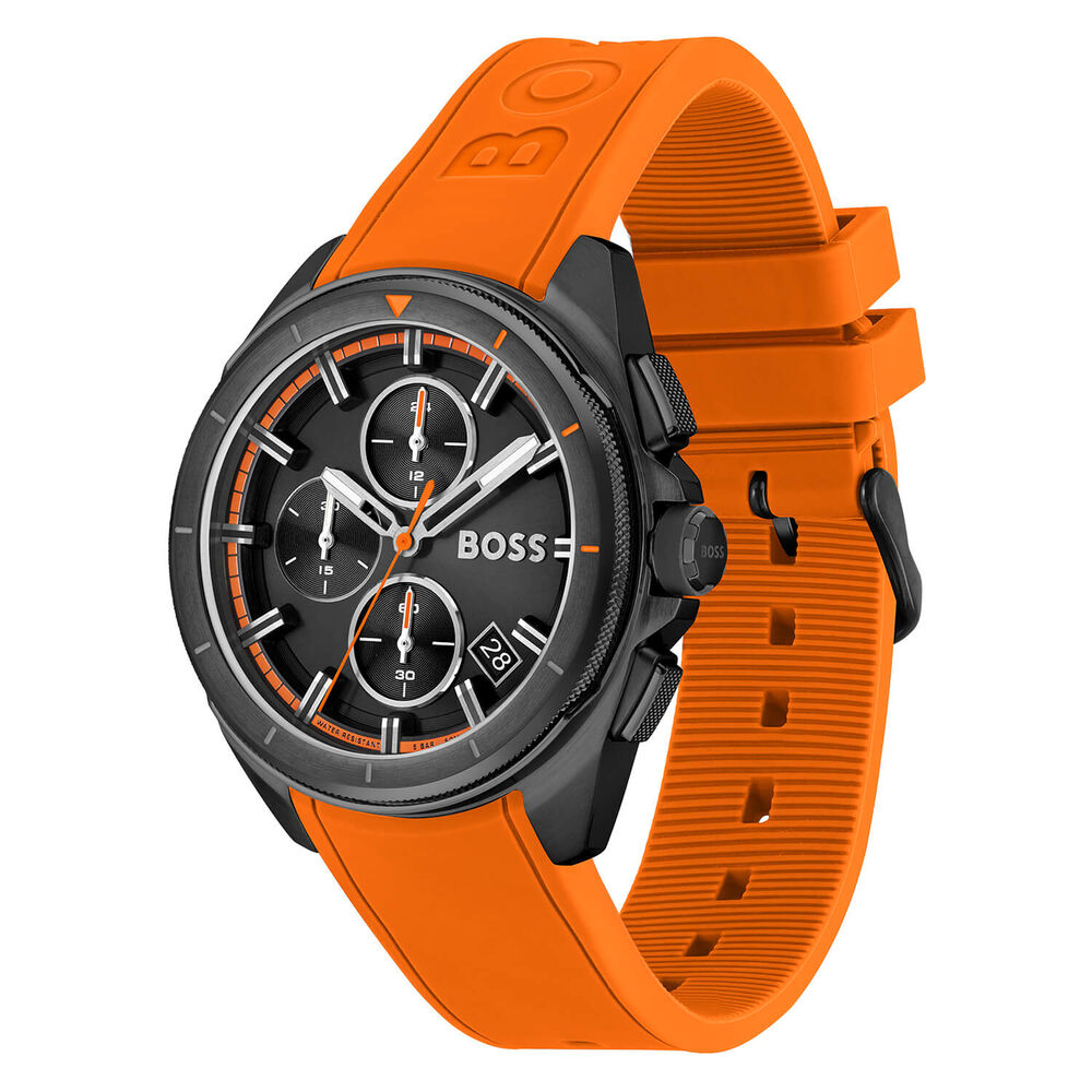 Hugo Boss Volane Chronograph 44mm Quartz Black Dial Steel Case Orange Rubber Strap Watch image number 1