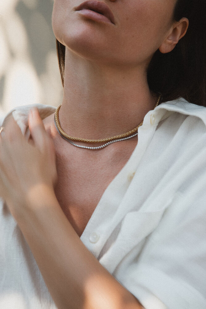 Silver & Yellow Gold Plated Popcorn Tube Necklet