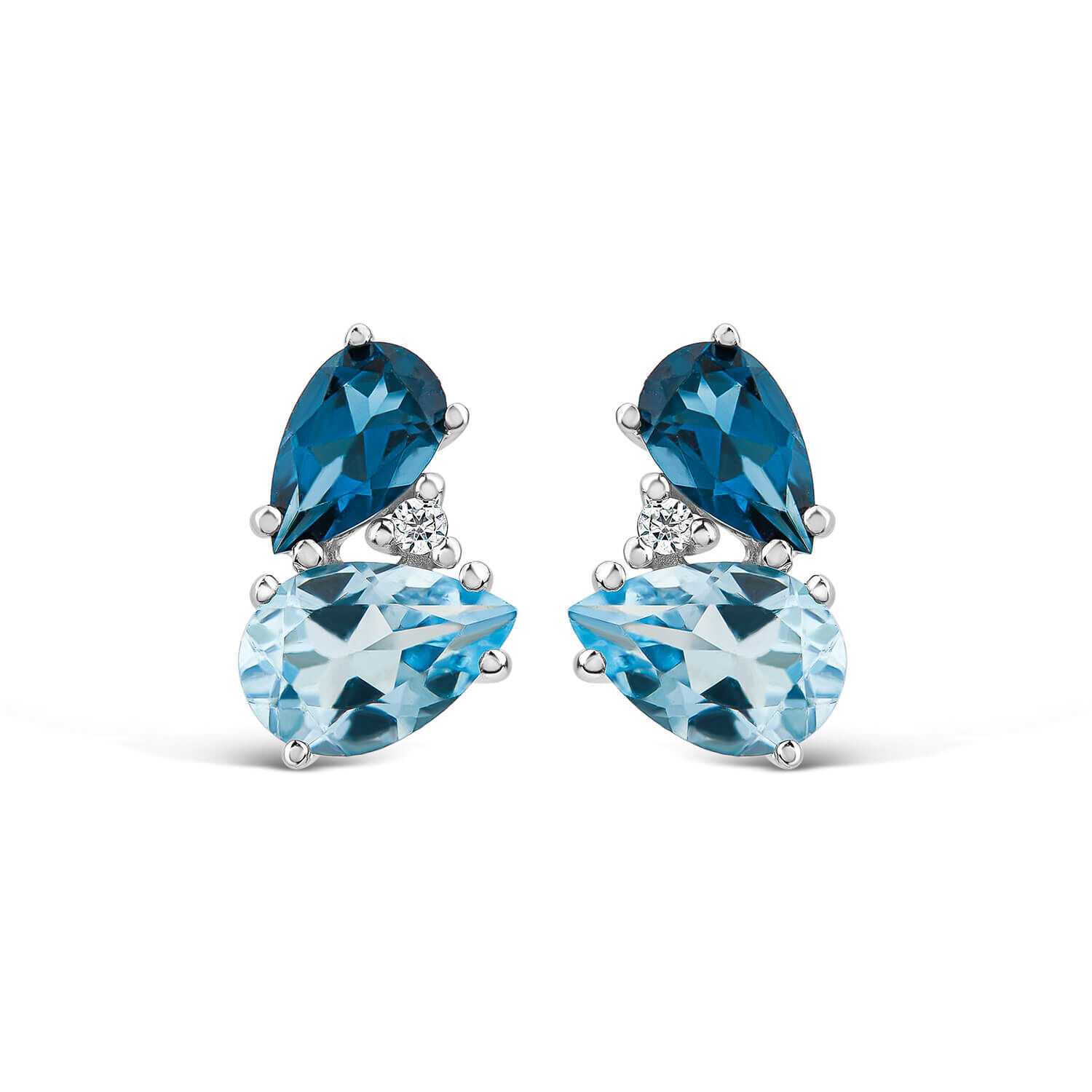 9ct White Gold Double Pear Blue Topaz 0.015ct Diamond Set Stud Earrings