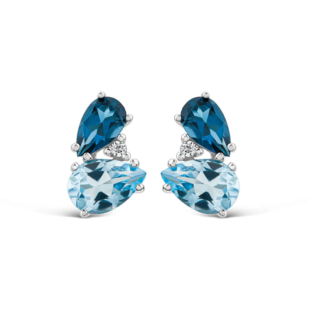 9ct White Gold Double Pear Blue Topaz & 0.015ct Diamond Set Stud Earrings