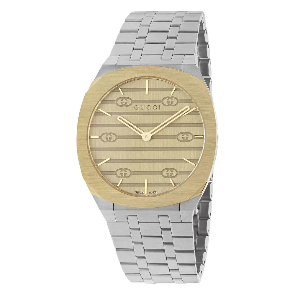 Gucci 25H 38mm Quartz Yellow Gold PVD Dial Steel Case Bracelet Watch